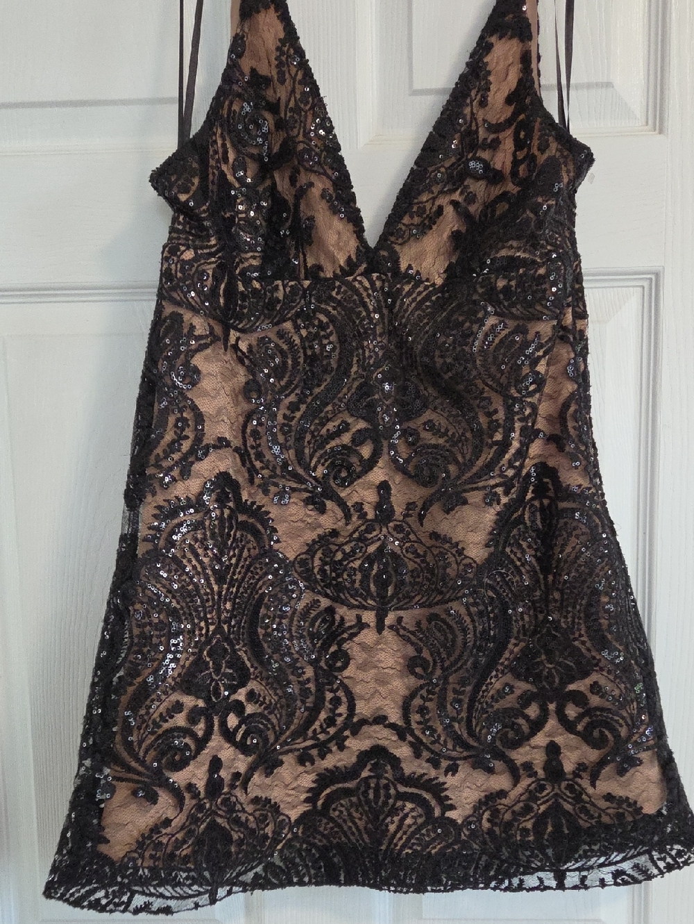 Free People Embroidered Sequin Lace Slip Dress in Black over Nude